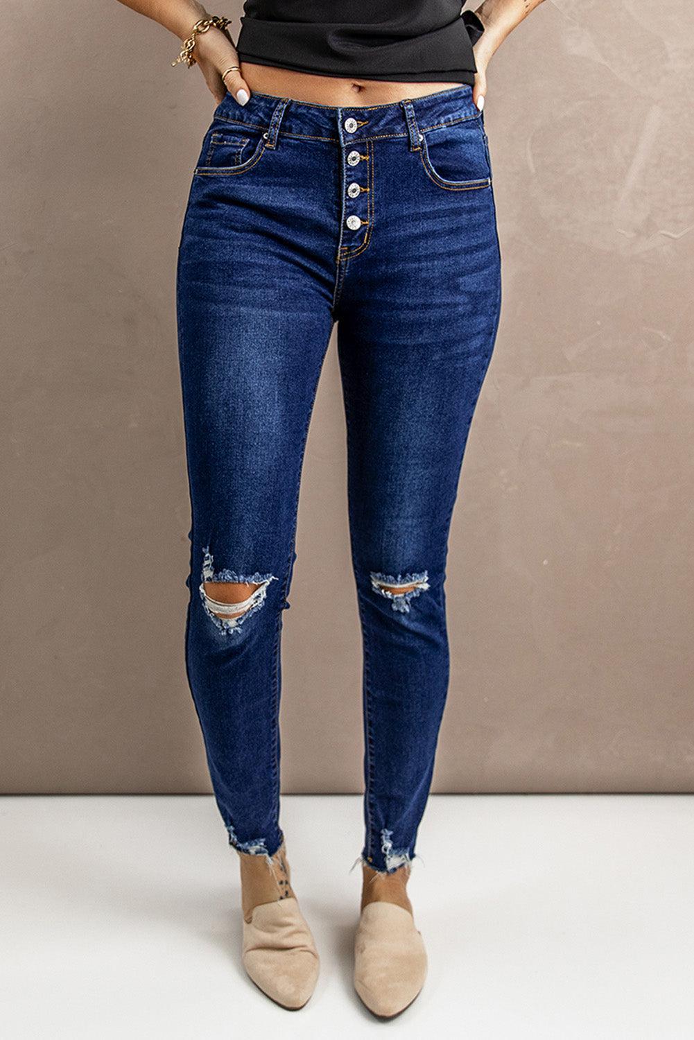 Distressed Button Fly Skinny Jeans-JEANS 0-16-[Adult]-[Female]-Dark Wash-S-Blue Zone Planet