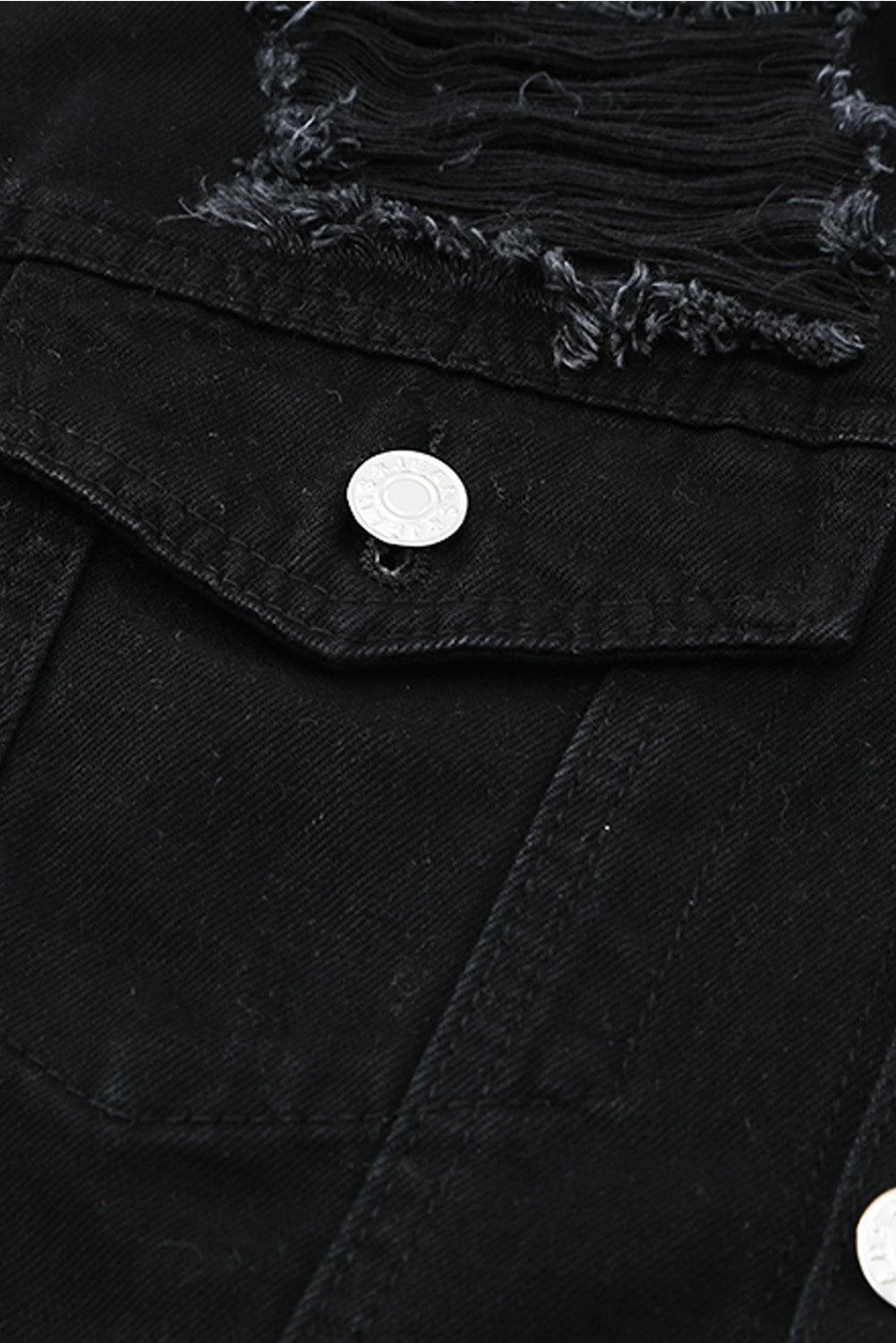 Distressed Button-Up Denim Jacket with Pockets BLUE ZONE PLANET