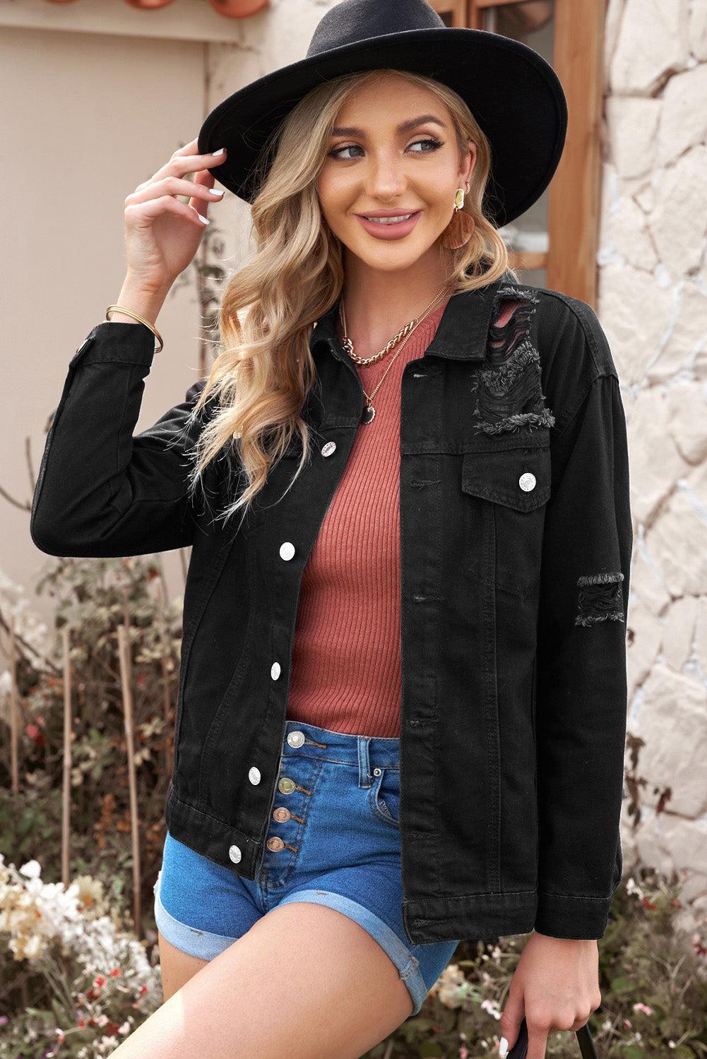 Distressed Button-Up Denim Jacket with Pockets BLUE ZONE PLANET