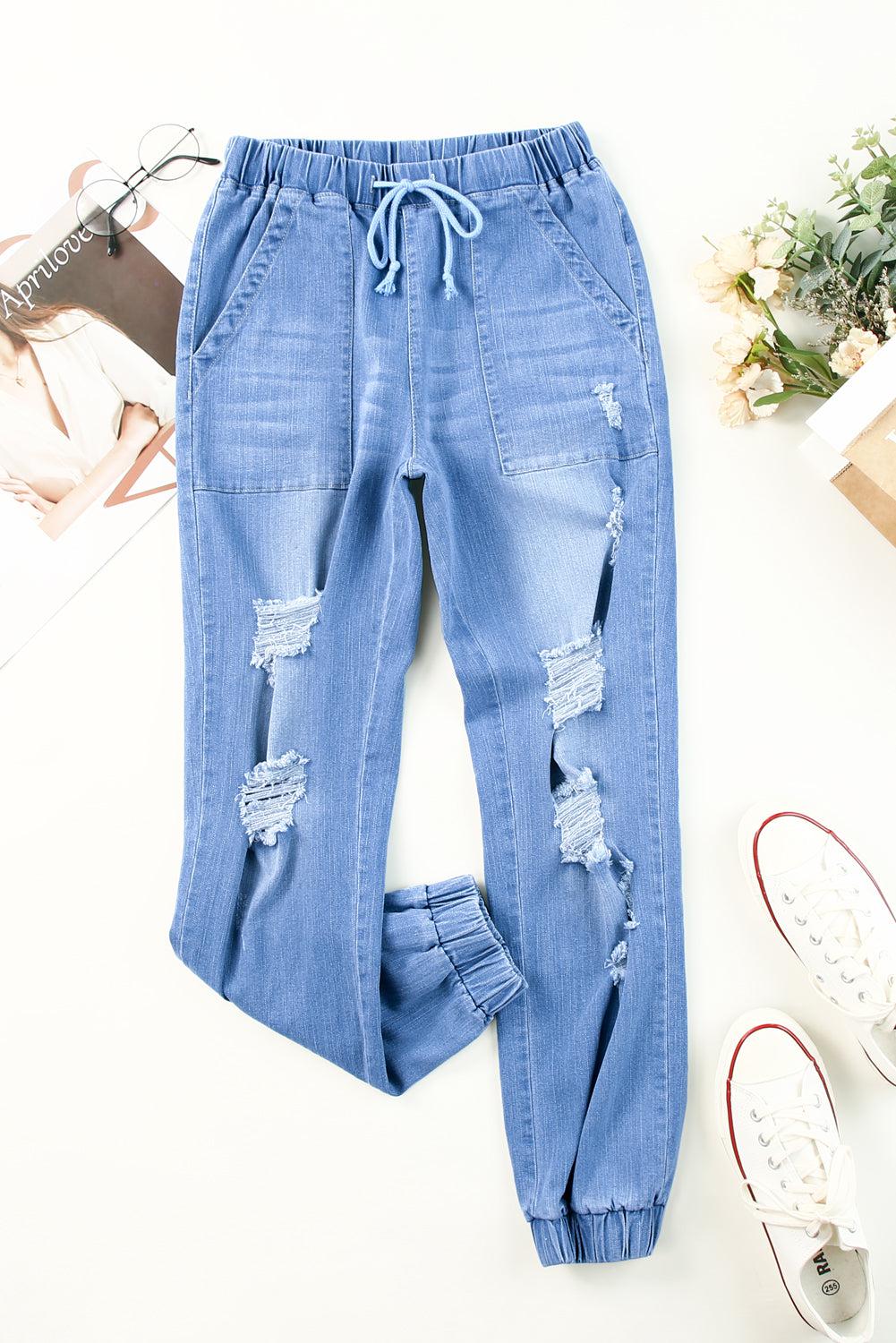 Distressed Denim Pocketed Joggers BLUE ZONE PLANET