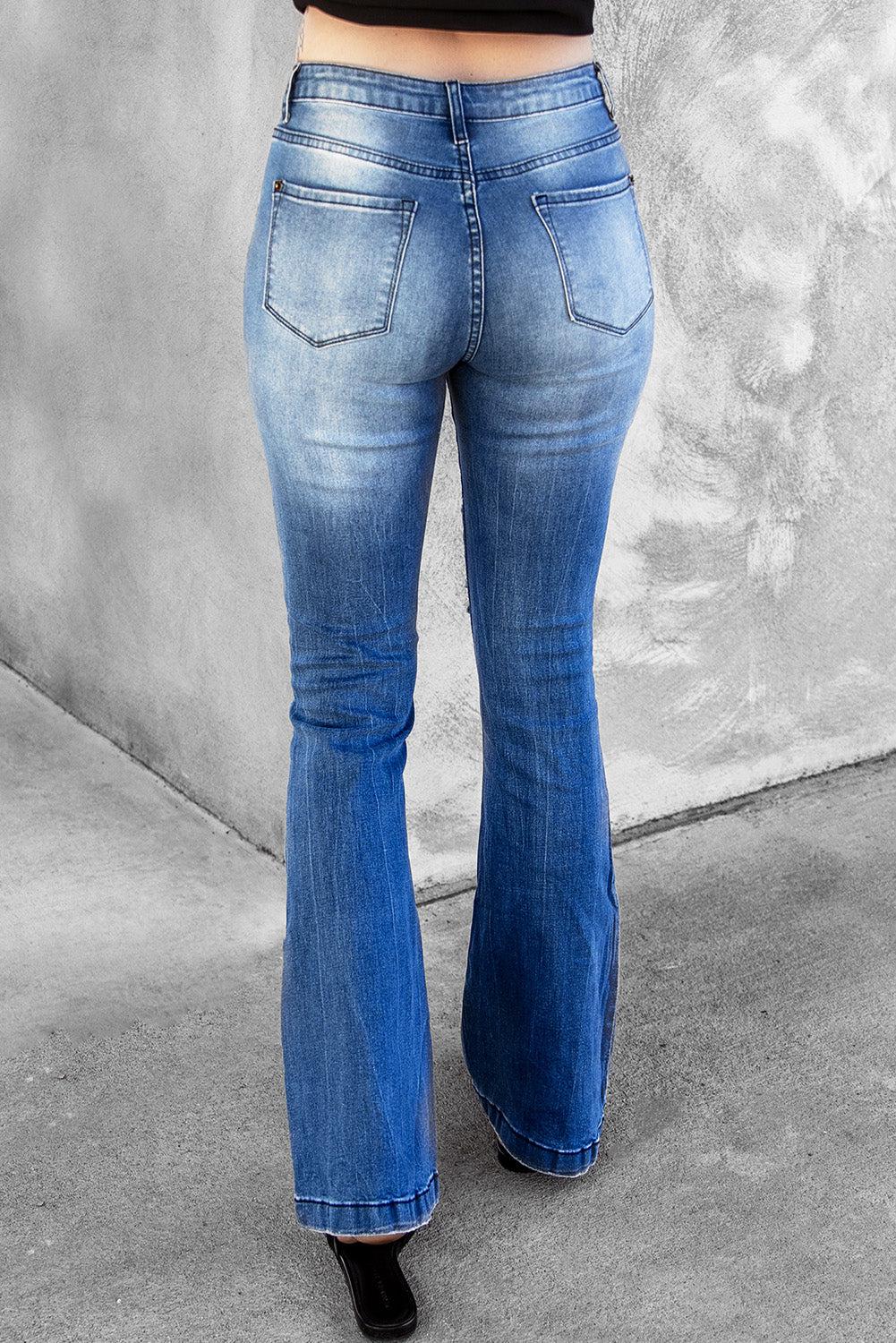 Distressed Flare Leg Jeans with Pockets BLUE ZONE PLANET