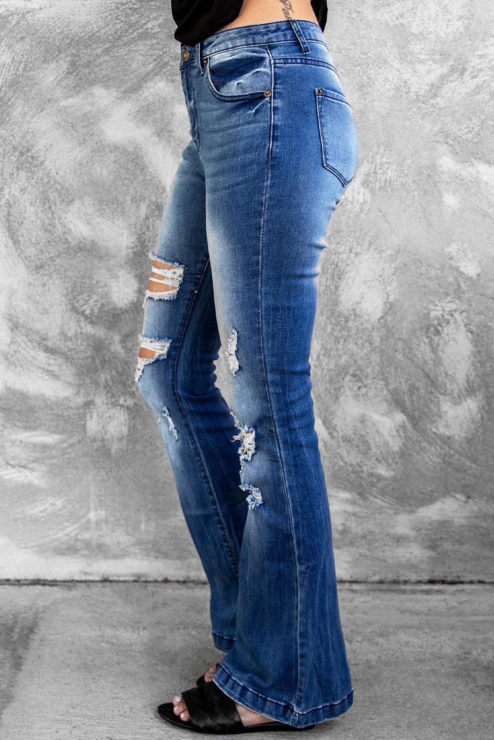 Distressed Flare Leg Jeans with Pockets-BOTTOM SIZES SMALL MEDIUM LARGE-[Adult]-[Female]-Blue Zone Planet