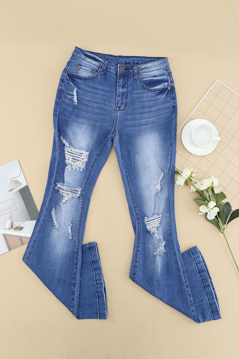 Distressed Flare Leg Jeans with Pockets-BOTTOM SIZES SMALL MEDIUM LARGE-[Adult]-[Female]-Blue Zone Planet
