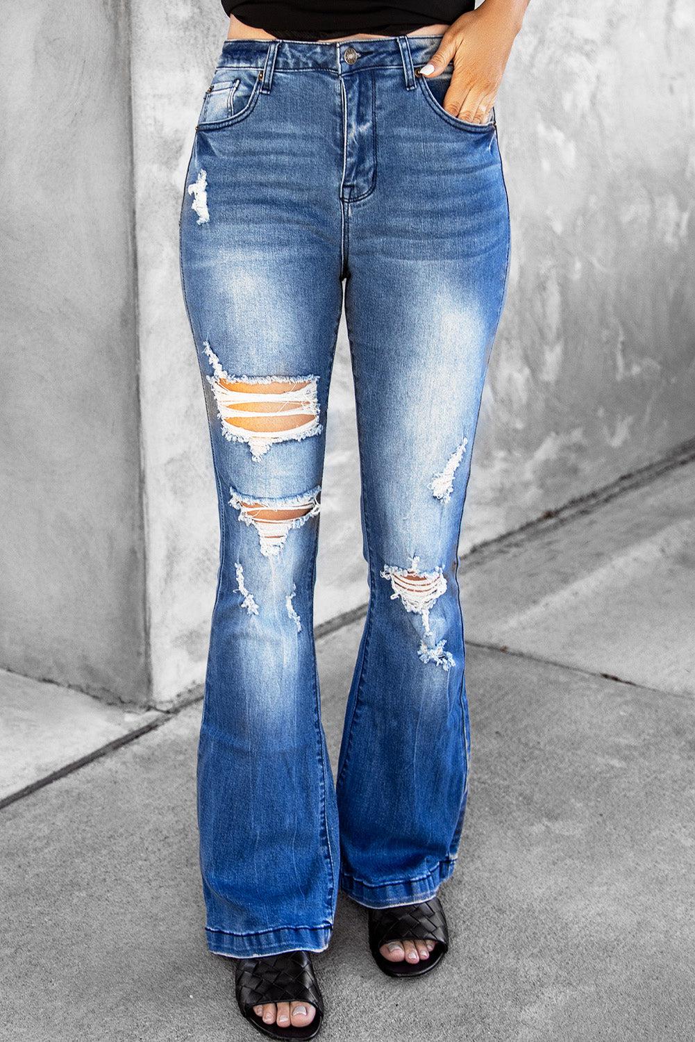 Distressed Flare Leg Jeans with Pockets BLUE ZONE PLANET