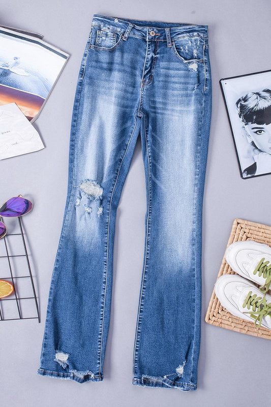 Distressed Flared Jeans with Pockets BLUE ZONE PLANET