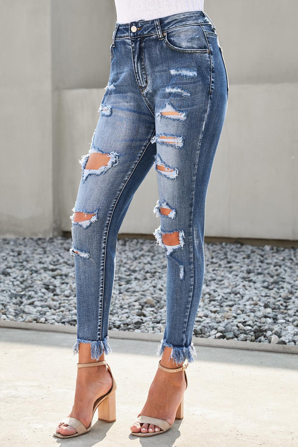 Distressed Frayed Hem Cropped Jeans-TOPS / DRESSES-[Adult]-[Female]-Blue Zone Planet