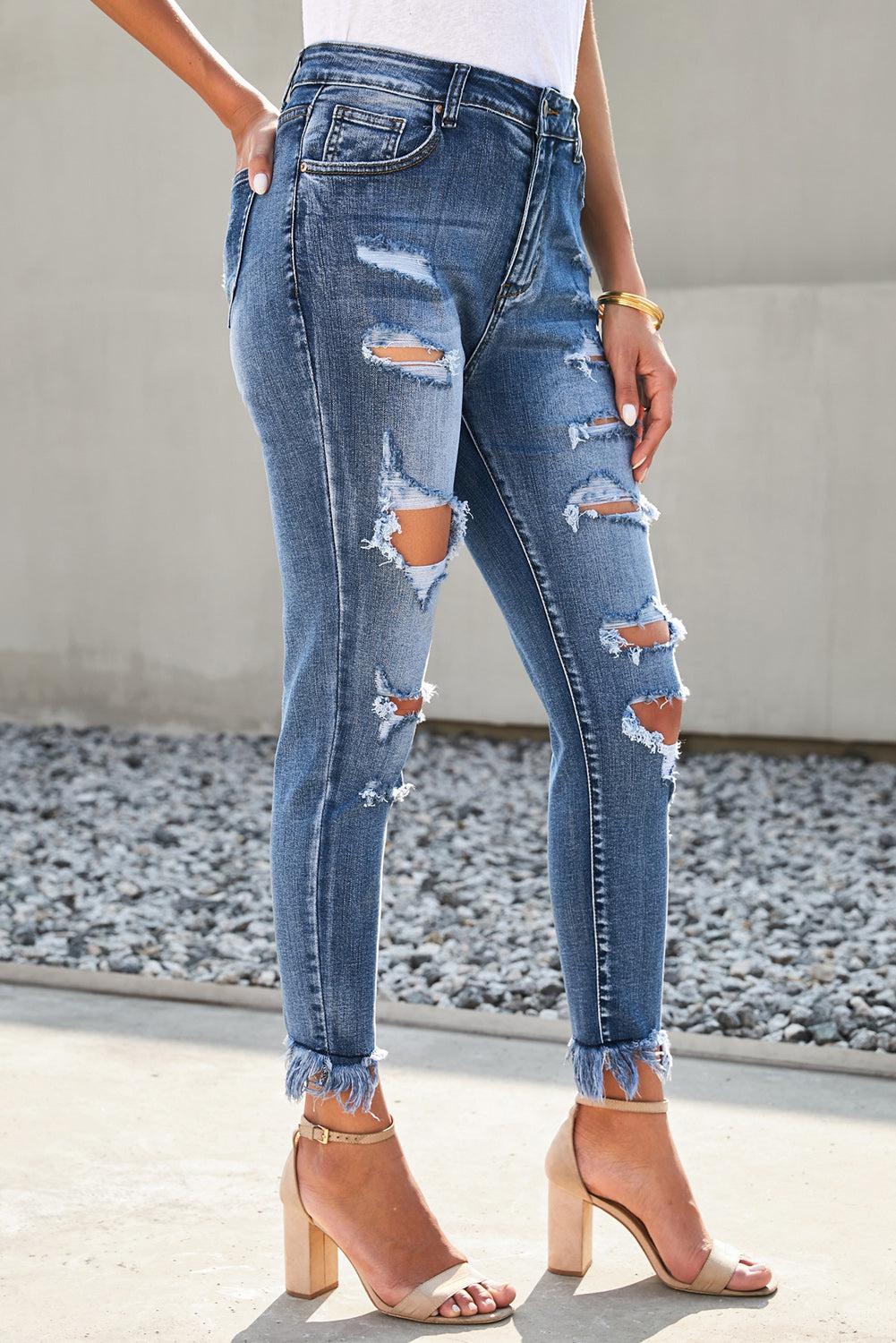Distressed Frayed Hem Cropped Jeans-TOPS / DRESSES-[Adult]-[Female]-Blue Zone Planet