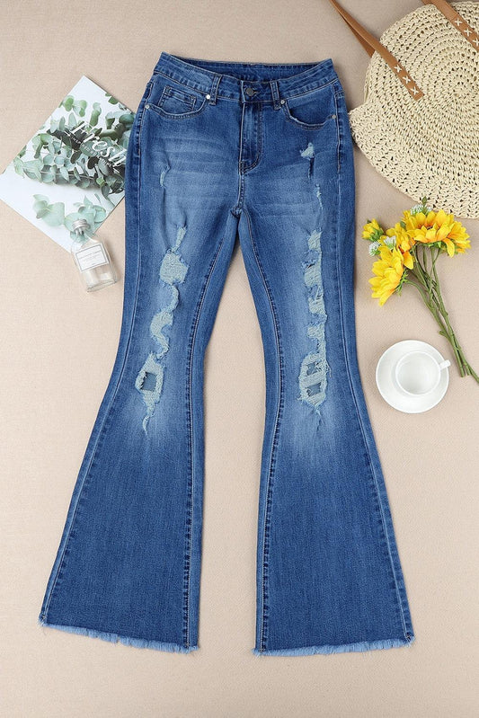 Distressed Frayed Hem Flare Jeans-BOTTOMS SIZES SMALL MEDIUM LARGE-[Adult]-[Female]-Sky Blue-S-Blue Zone Planet