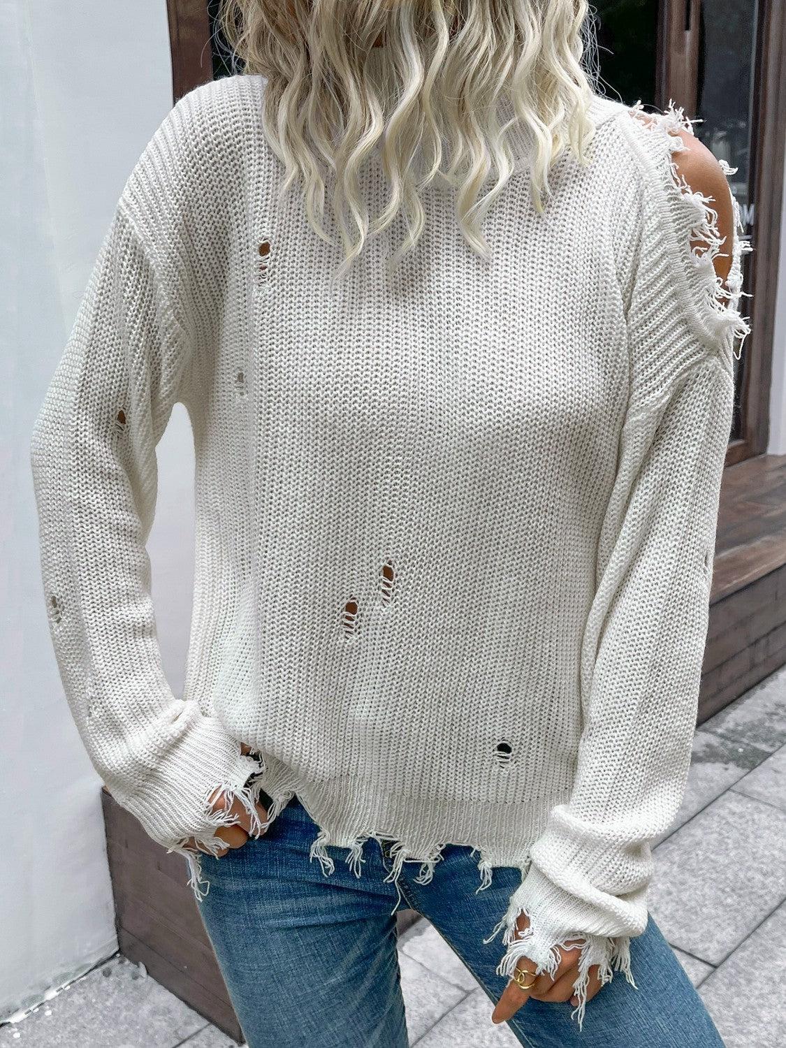 Distressed High Neck Cold-Shoulder Sweater BLUE ZONE PLANET
