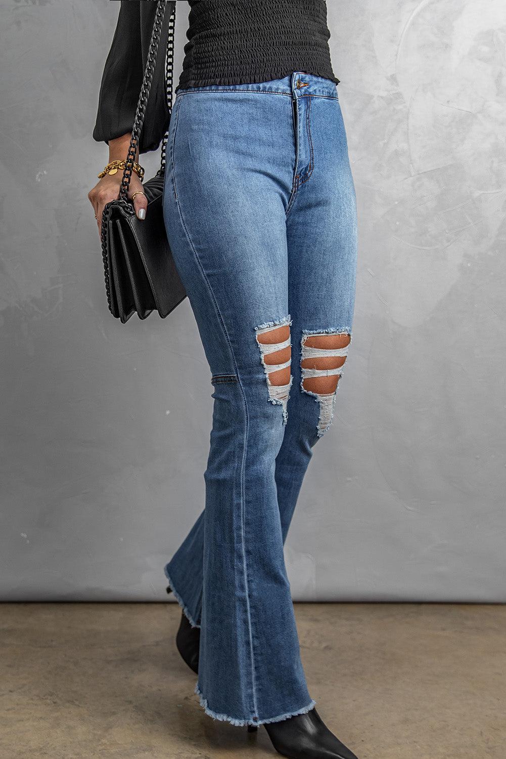 Distressed Raw Hem High-Waist Flare Jeans-BOTTOM SIZES SMALL MEDIUM LARGE-[Adult]-[Female]-2022 Online Blue Zone Planet