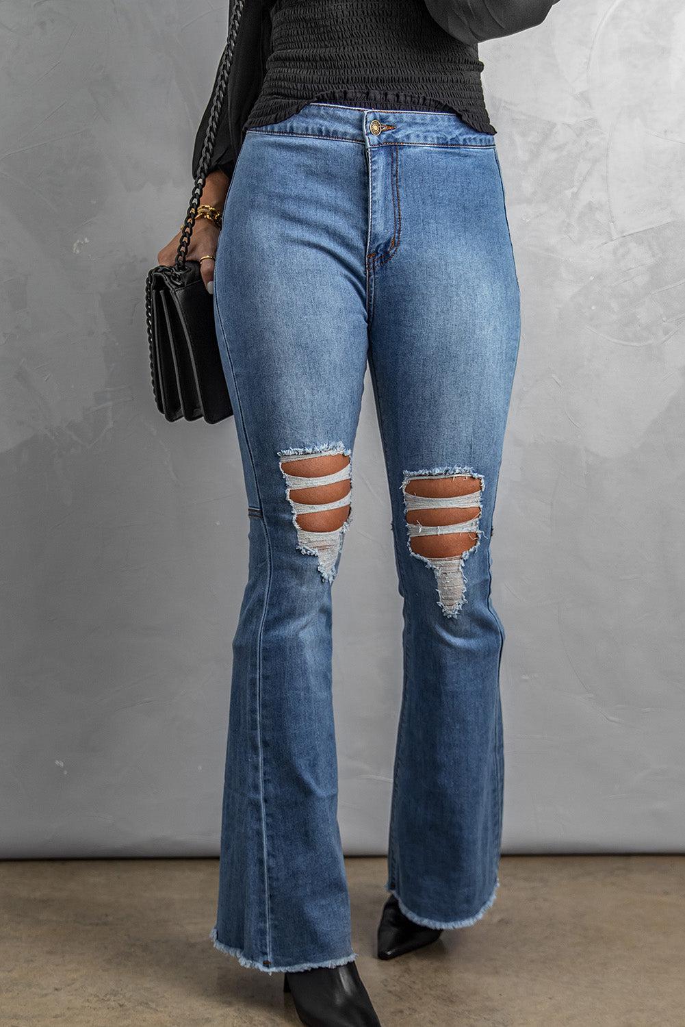 Distressed Raw Hem High-Waist Flare Jeans-BOTTOM SIZES SMALL MEDIUM LARGE-[Adult]-[Female]-Light-S-2022 Online Blue Zone Planet