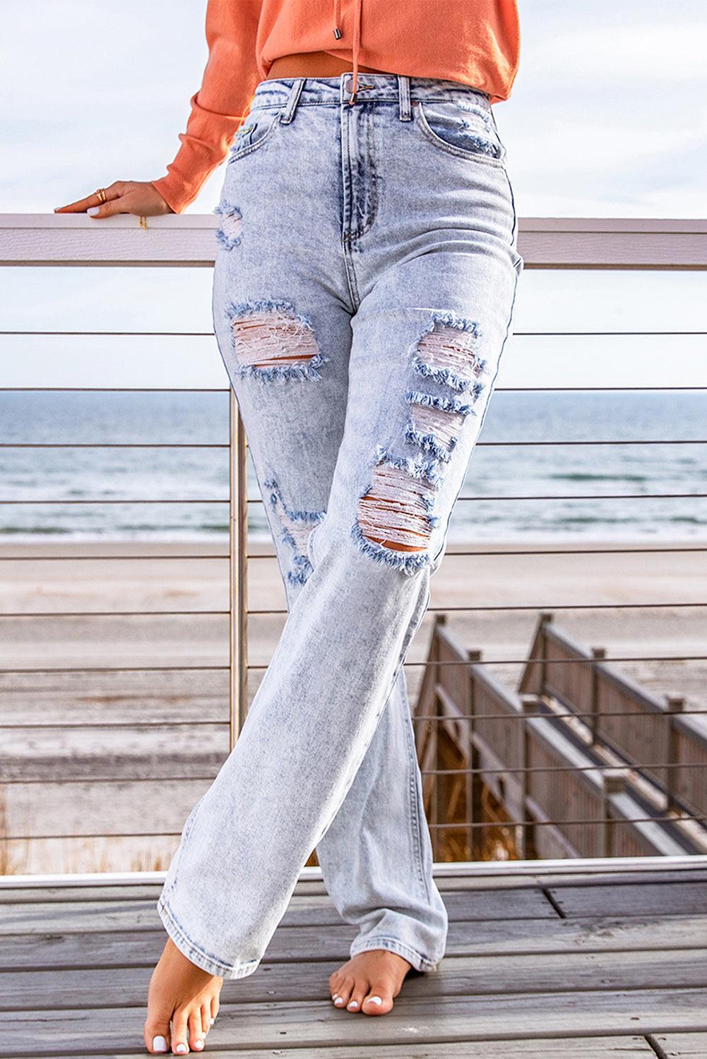 Distressed Straight Leg Jeans with Pockets BLUE ZONE PLANET