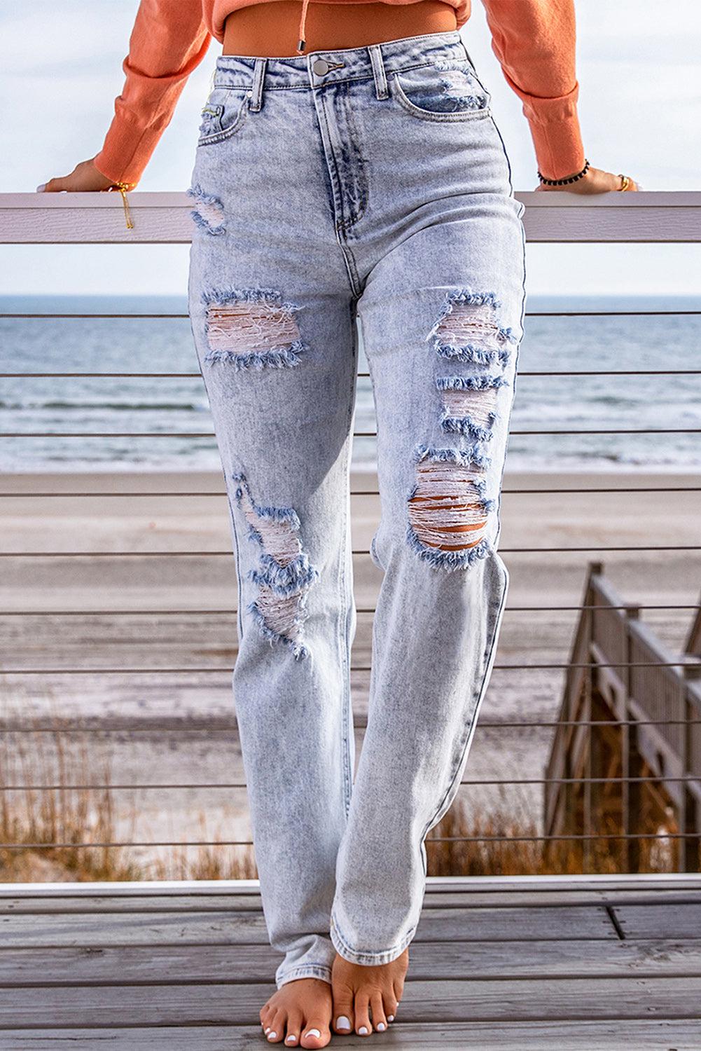 Distressed Straight Leg Jeans with Pockets BLUE ZONE PLANET