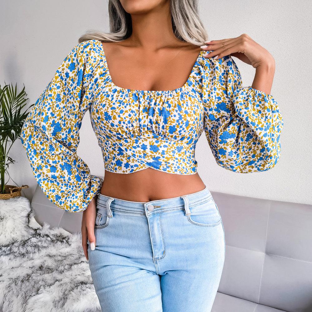 Ditsy Floral Crisscross Cropped Top-TOPS / DRESSES-[Adult]-[Female]-Blue/Yellow-S-Blue Zone Planet