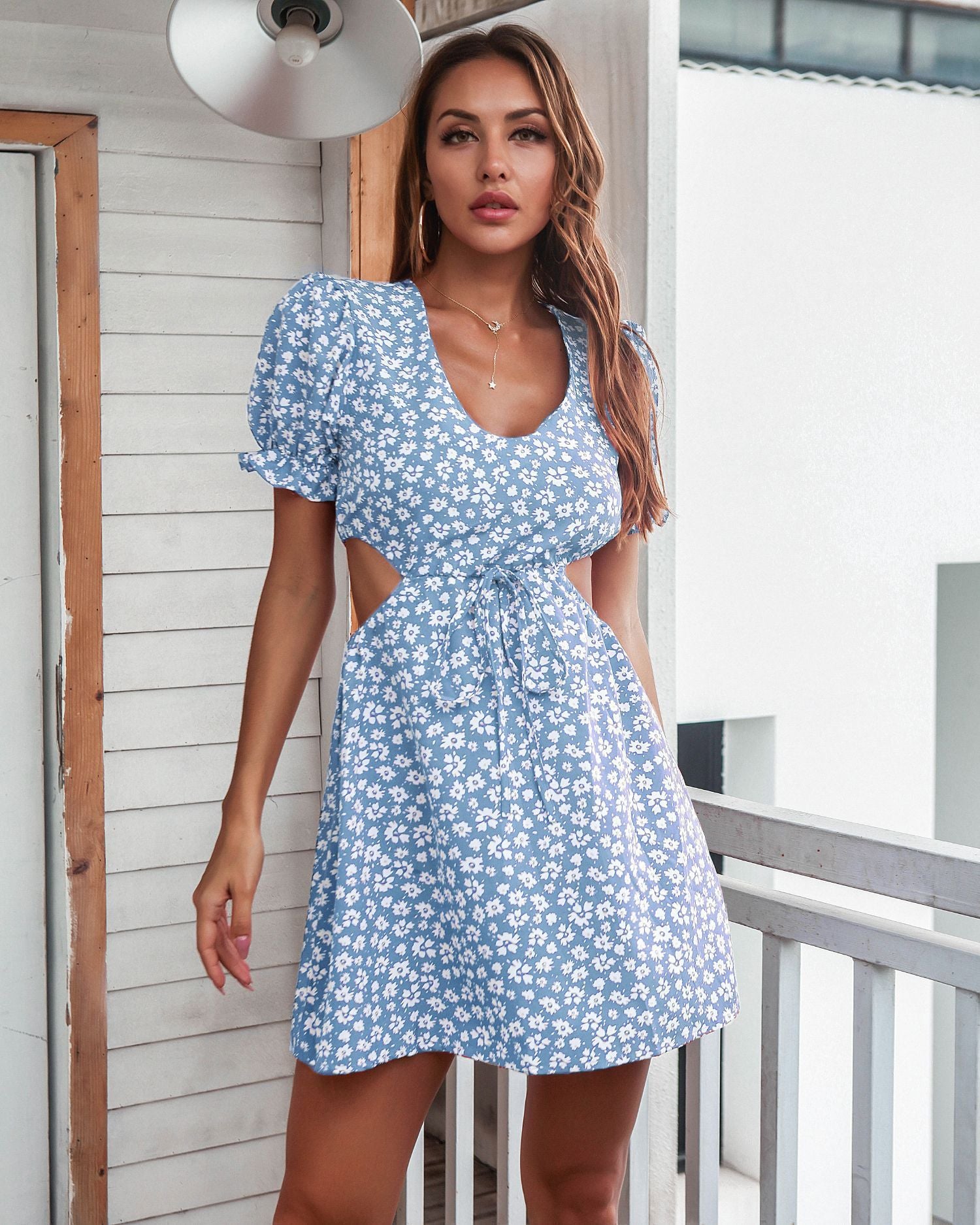 Ditsy Floral Cutout Puff Sleeve Mini Dress-TOPS / DRESSES-[Adult]-[Female]-Sky Blue-S-Blue Zone Planet