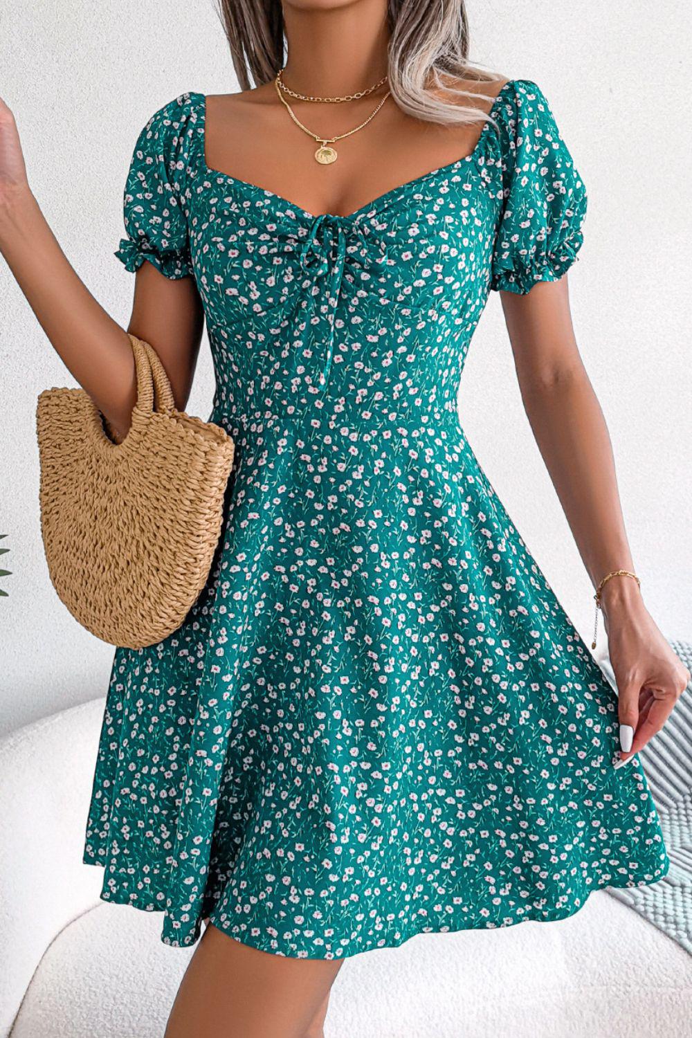 Ditsy Floral Drawstring A-Line Dress - Blue Zone Planet Ditsy Floral Drawstring A-Line Dress - Blue Zone Planet