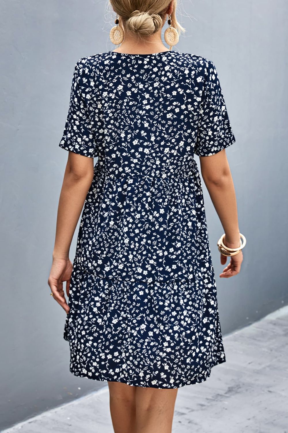 Ditsy Floral Empire Waist Plunge Short Sleeve Dress BLUE ZONE PLANET