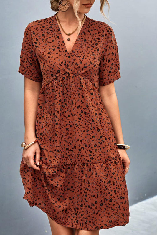 Ditsy Floral Empire Waist Plunge Short Sleeve Dress-TOPS / DRESSES-[Adult]-[Female]-Brick Red-S-2022 Online Blue Zone Planet