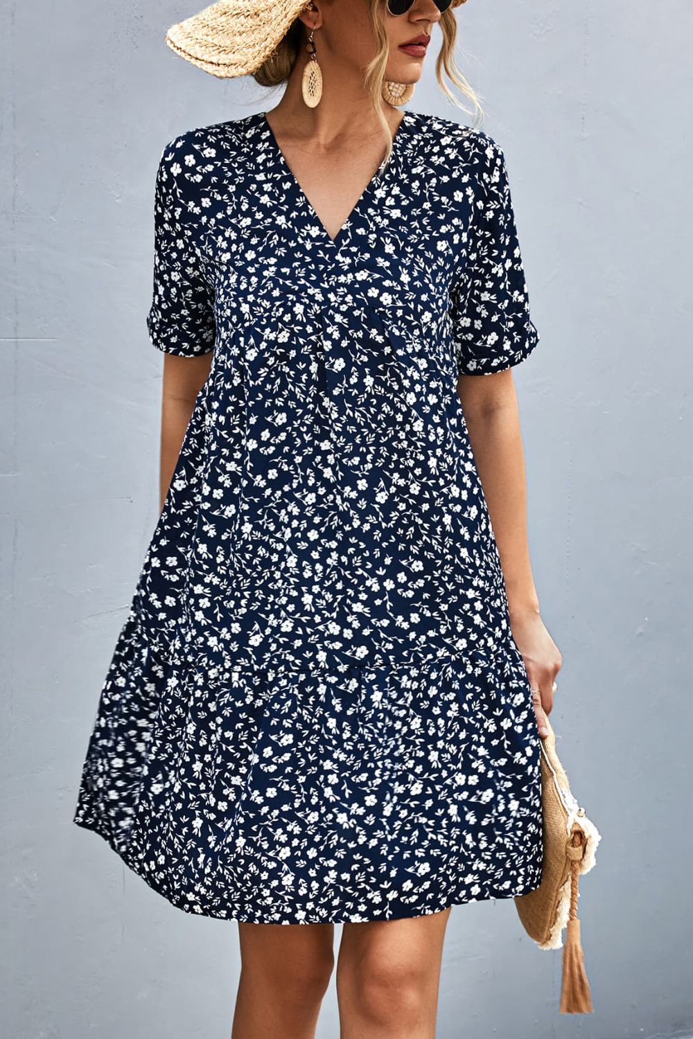 Ditsy Floral Empire Waist Plunge Short Sleeve Dress BLUE ZONE PLANET