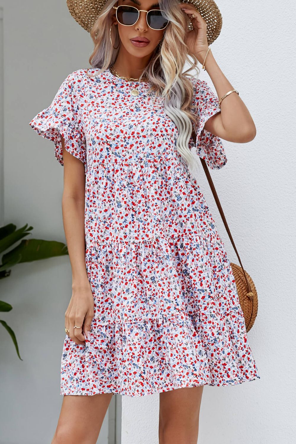 Ditsy Floral Flounce Sleeve Tiered Dress BLUE ZONE PLANET