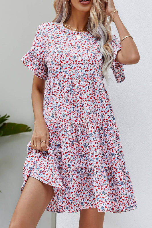 Ditsy Floral Flounce Sleeve Tiered Dress BLUE ZONE PLANET