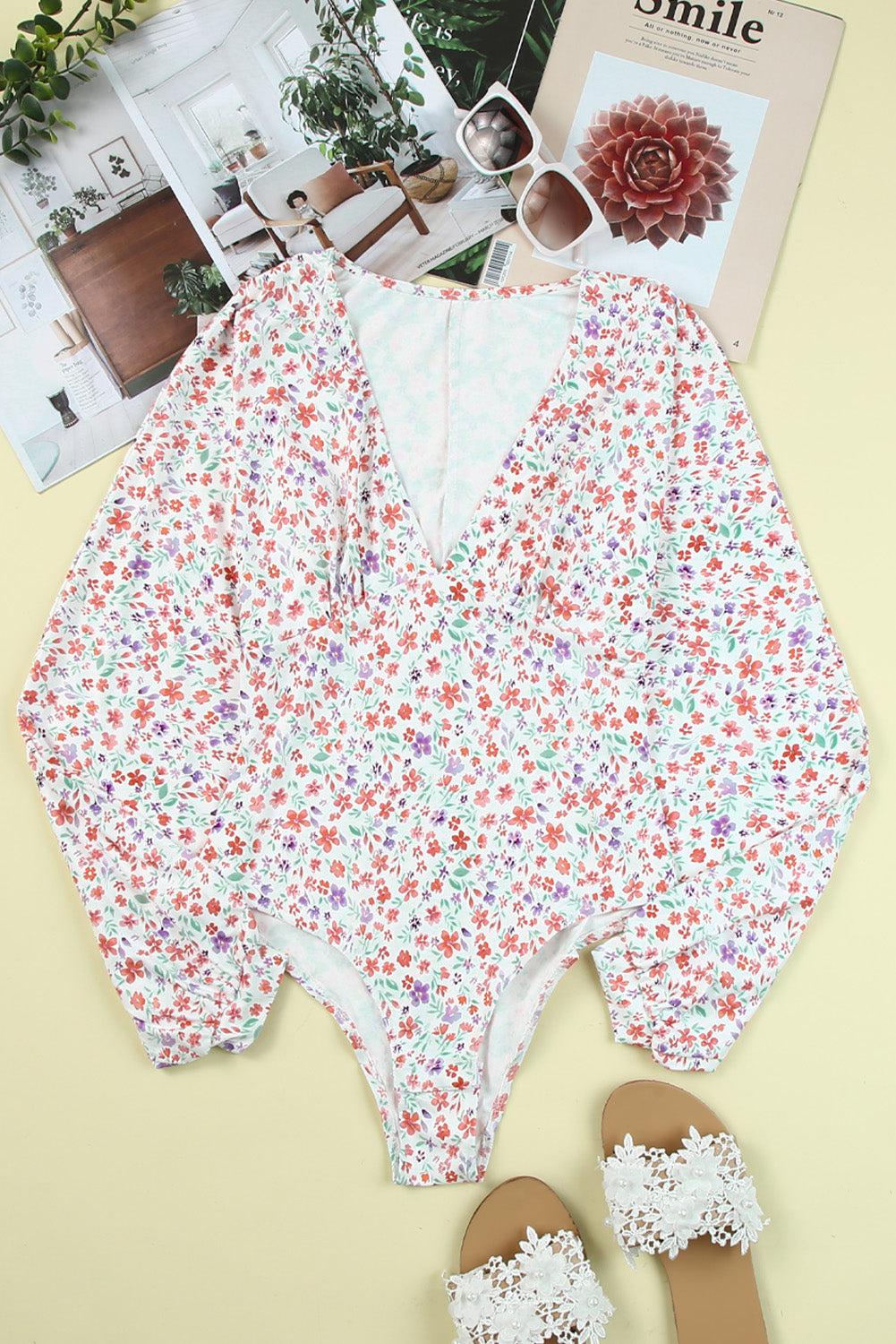 Ditsy Floral Long Sleeve Plunge Bodysuit BLUE ZONE PLANET