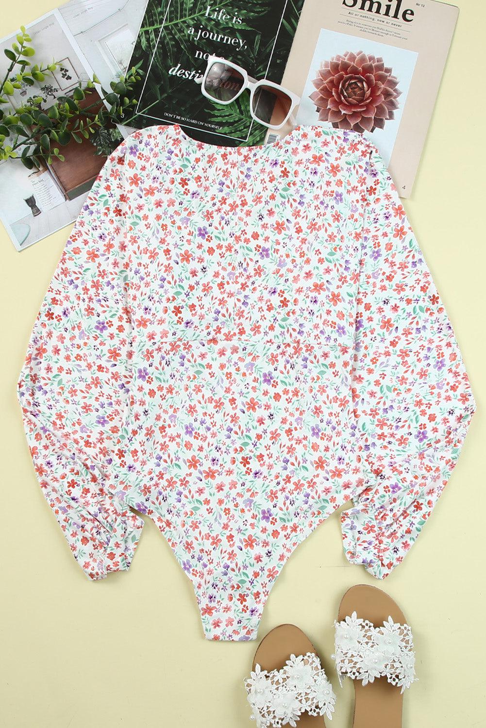 Ditsy Floral Long Sleeve Plunge Bodysuit BLUE ZONE PLANET