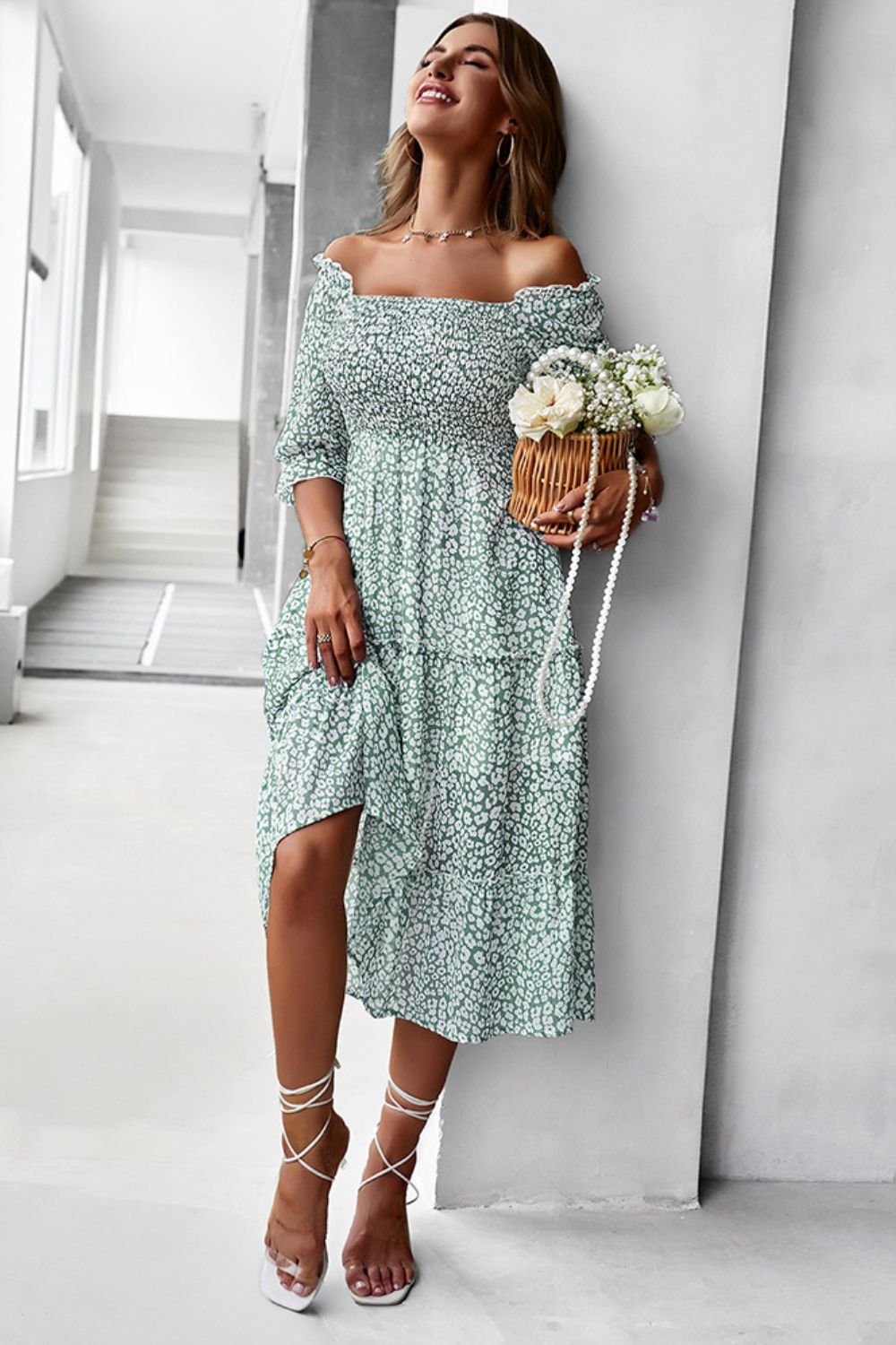 Ditsy Floral Off-Shoulder Smocked Midi Dress BLUE ZONE PLANET