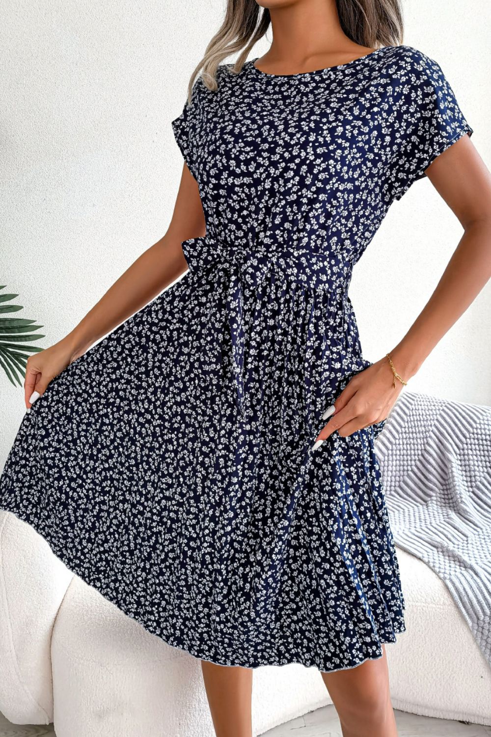 Ditsy Floral Pleated Belted Midi Dress BLUE ZONE PLANET