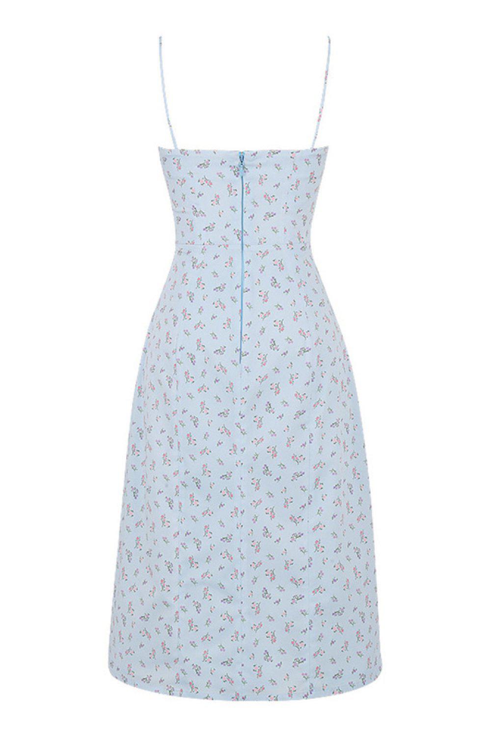 Ditsy Floral Ruched Bust Thigh Slit Midi Dress BLUE ZONE PLANET