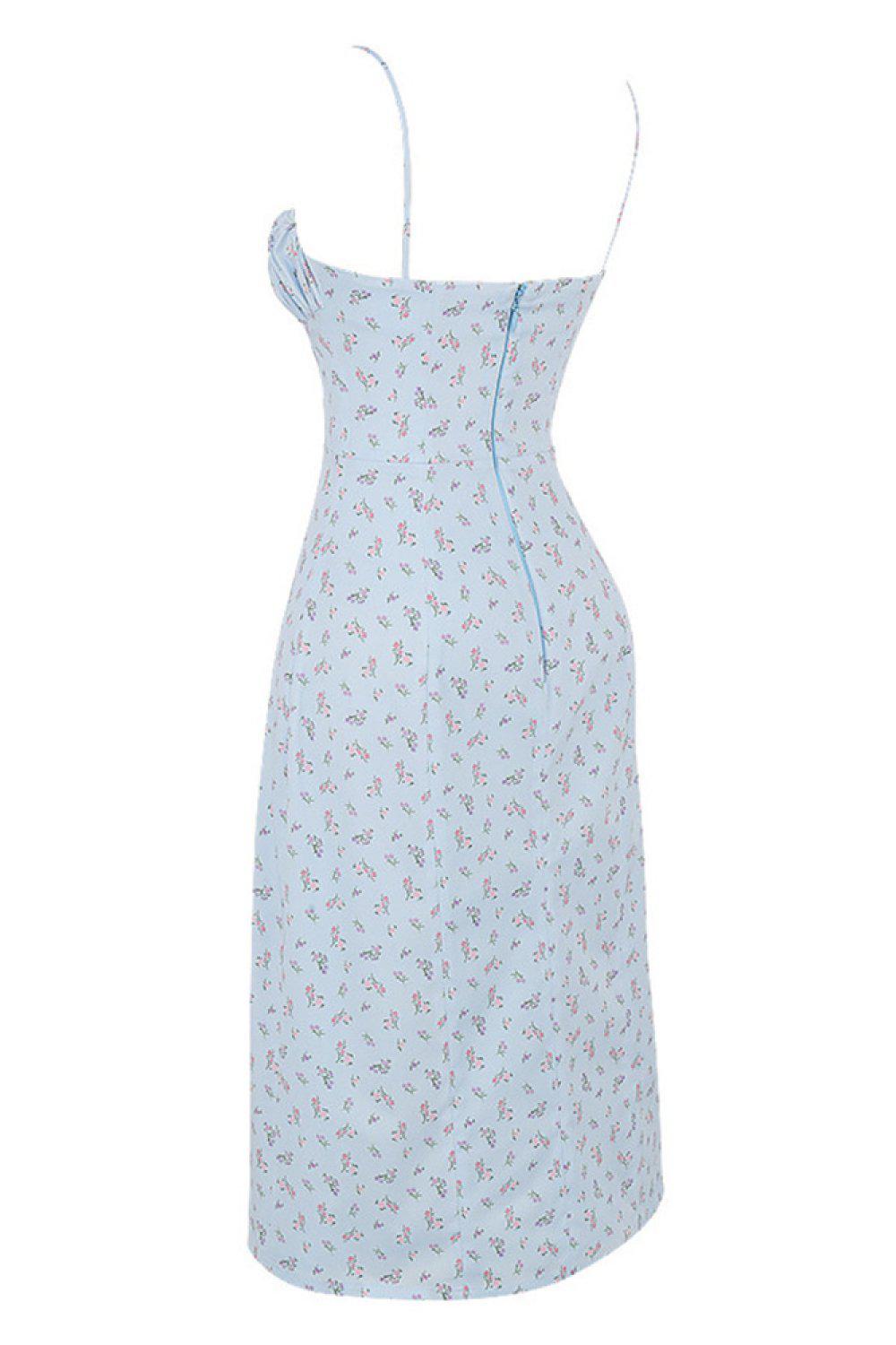 Ditsy Floral Ruched Bust Thigh Slit Midi Dress BLUE ZONE PLANET