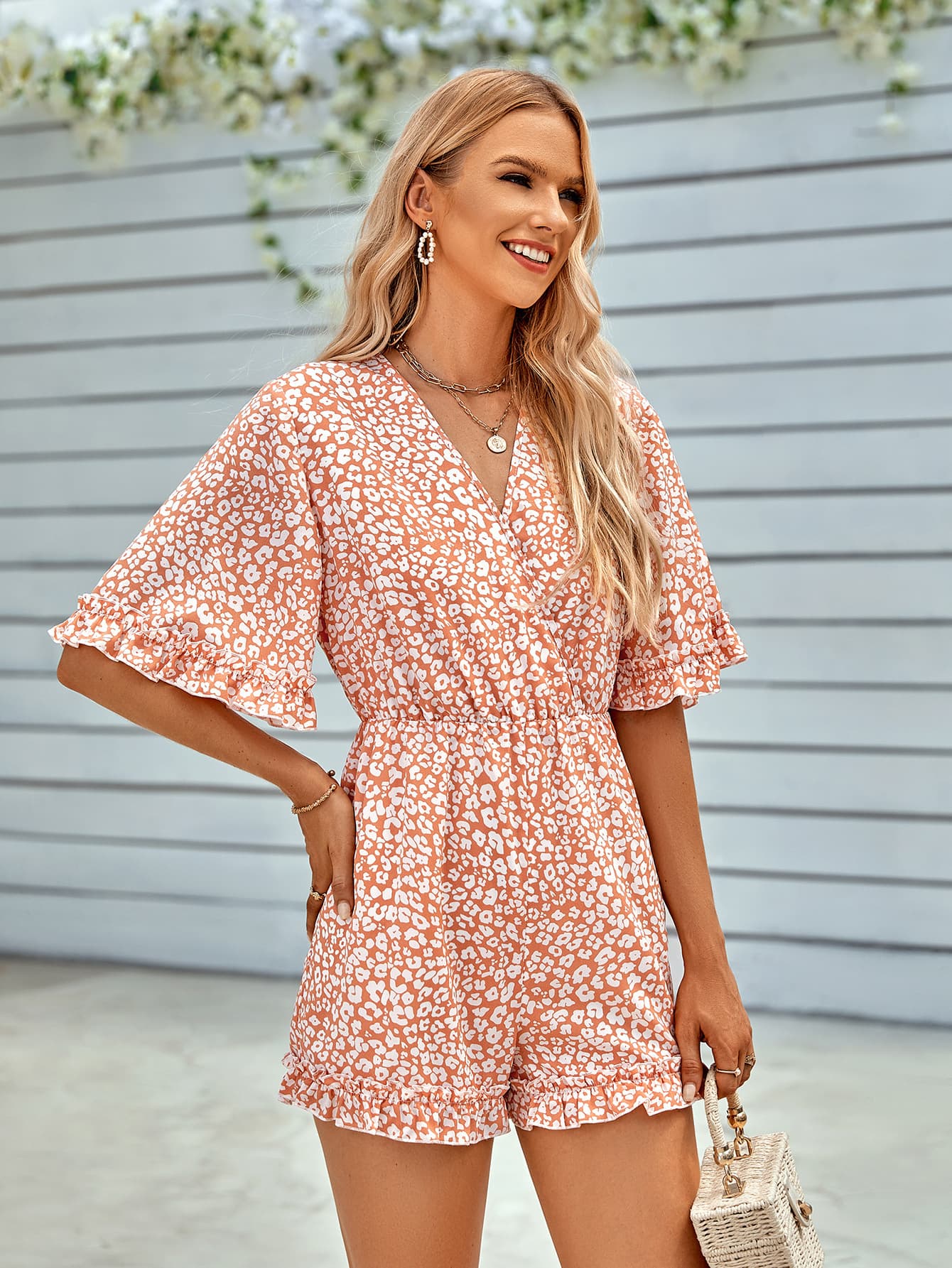 Ditsy Floral Ruffled Surplice Romper BLUE ZONE PLANET
