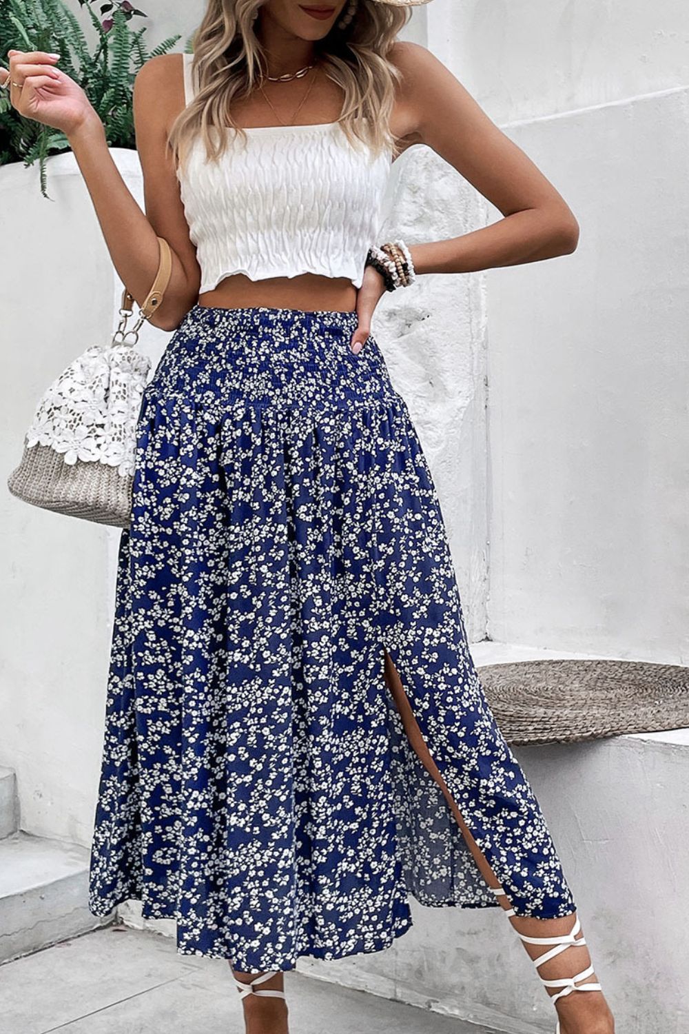 Ditsy Floral Slit High Waist Skirt BLUE ZONE PLANET