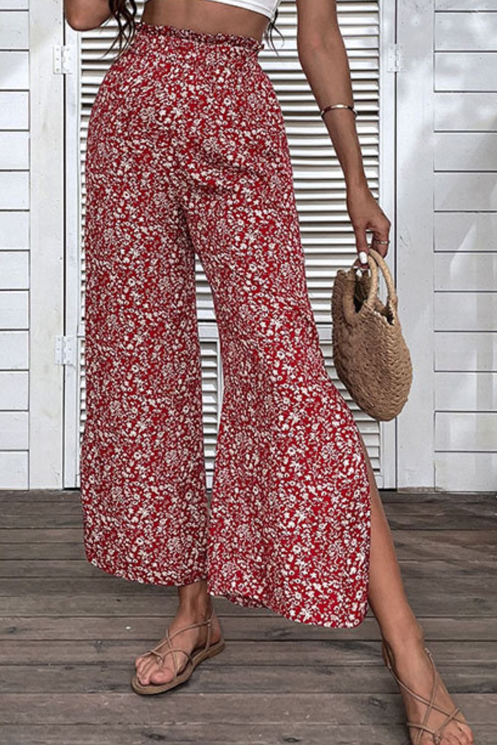 Ditsy Floral Slit Paperbag Waist Wide Leg Pants-TOPS / DRESSES-[Adult]-[Female]-Red-S-Blue Zone Planet