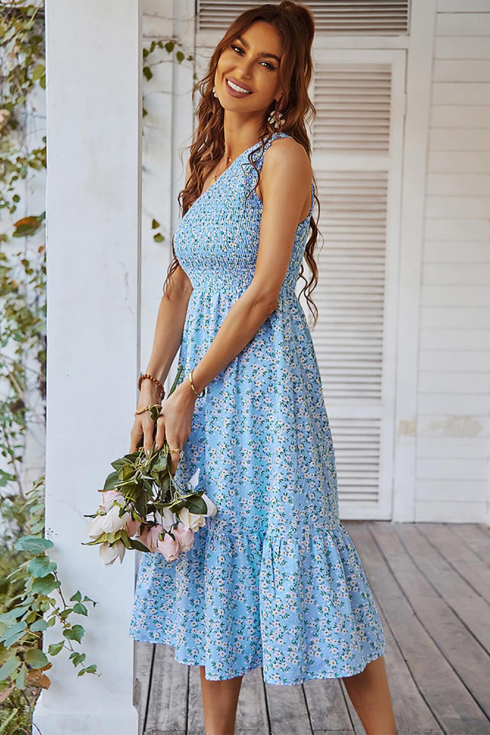 Ditsy Floral Smocked One-Shoulder Dress BLUE ZONE PLANET
