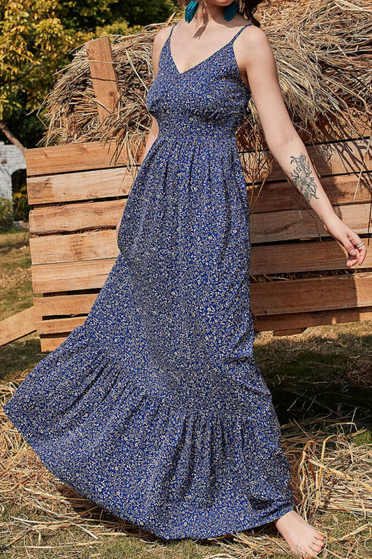 Ditsy Floral Spaghetti Strap Maxi Dress-TOPS / DRESSES-[Adult]-[Female]-Peacock Blue-M-2022 Online Blue Zone Planet