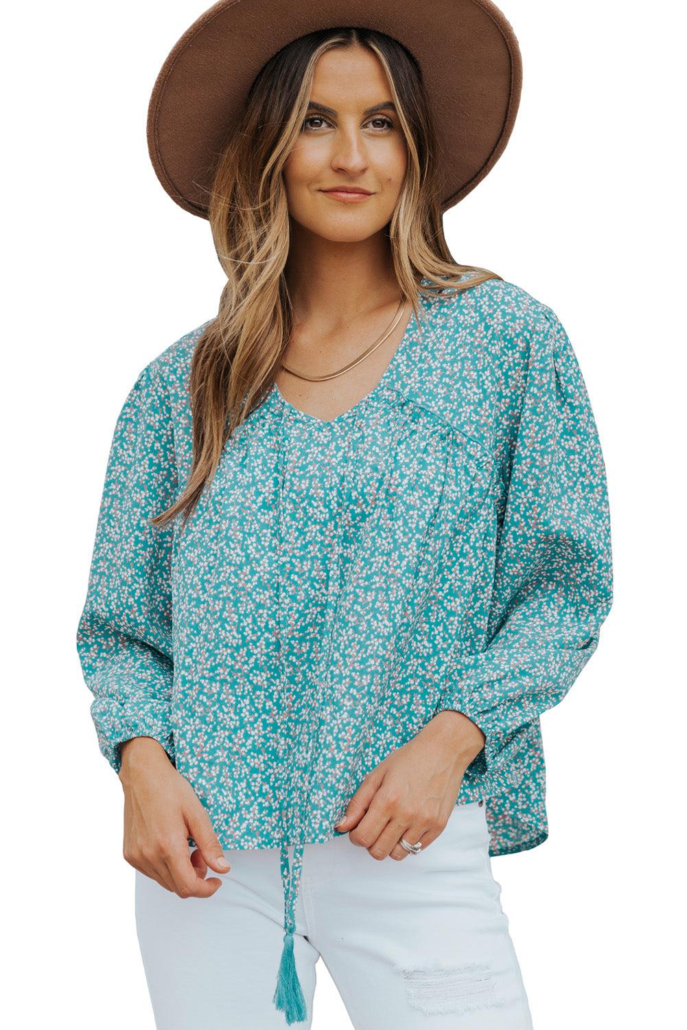 Ditsy Floral Tassel Tie High-Low Blouse-TOPS / DRESSES-[Adult]-[Female]-Blue Zone Planet