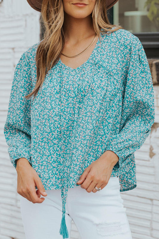 Ditsy Floral Tassel Tie High-Low Blouse BLUE ZONE PLANET