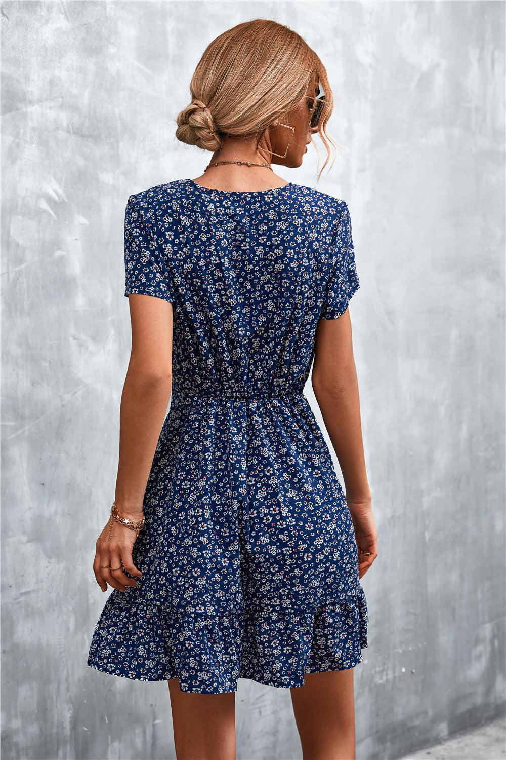 Ditsy Floral V-Neck Short Sleeve Dress BLUE ZONE PLANET