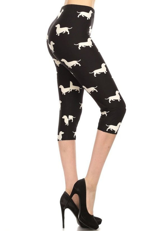 Dog Print, High Waisted Capri Leggings In A Fitted Style With An Elastic Waistband. Blue Zone Planet