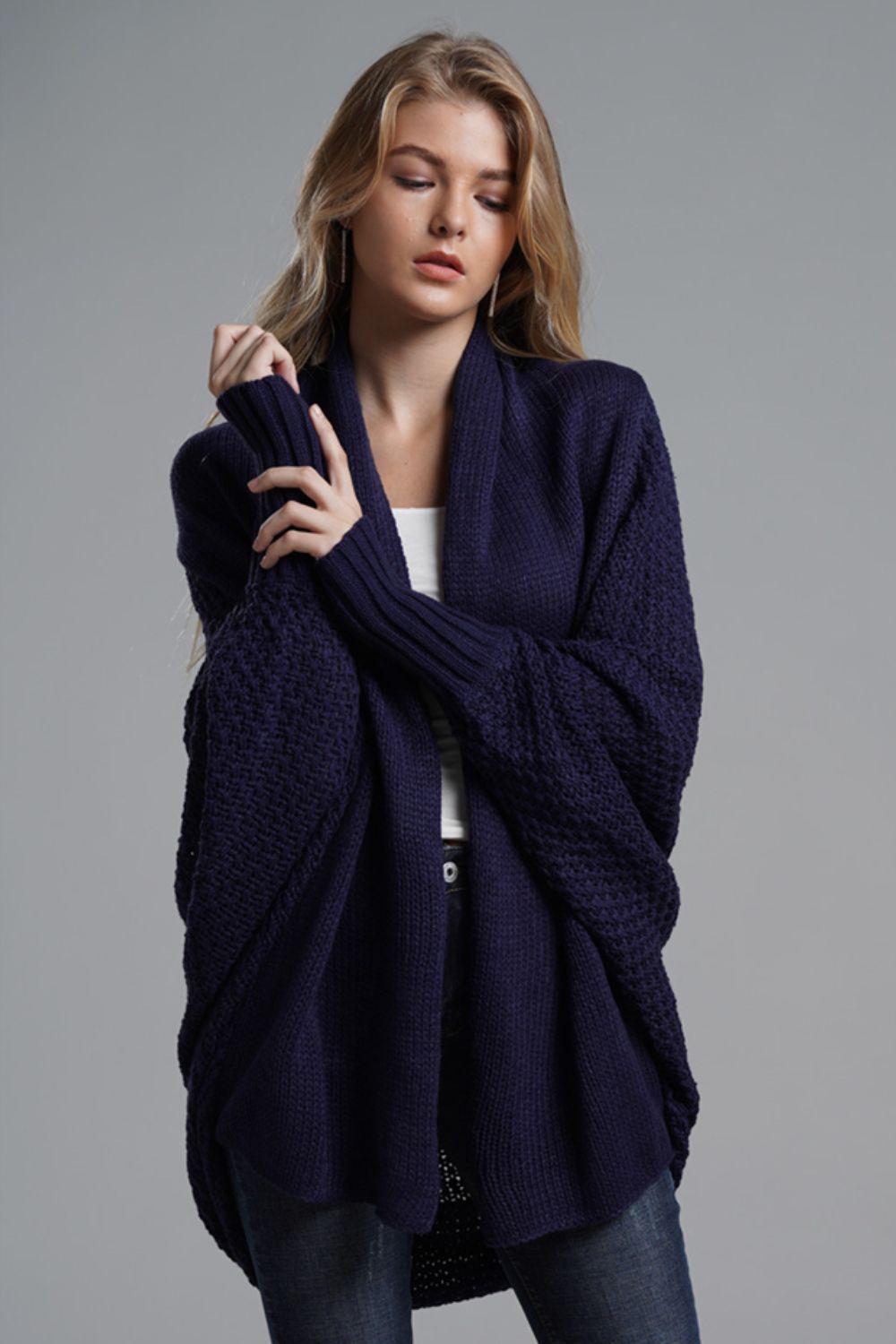 Dolman Sleeve Open Front Ribbed Trim Longline Cardigan BLUE ZONE PLANET