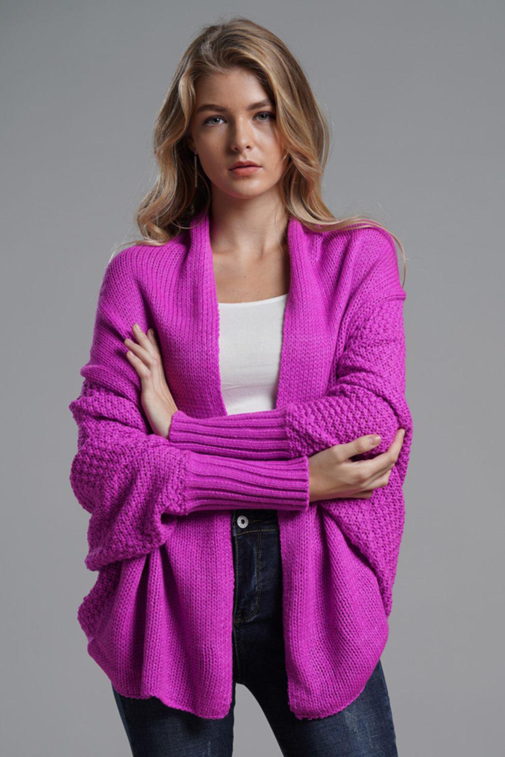 Dolman Sleeve Open Front Ribbed Trim Longline Cardigan-TOPS / DRESSES-[Adult]-[Female]-Fuchsia-One Size-2022 Online Blue Zone Planet