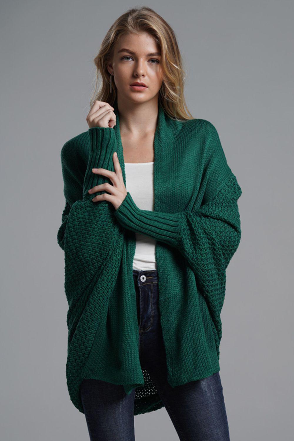 Dolman Sleeve Open Front Ribbed Trim Longline Cardigan-TOPS / DRESSES-[Adult]-[Female]-Green-One Size-2022 Online Blue Zone Planet