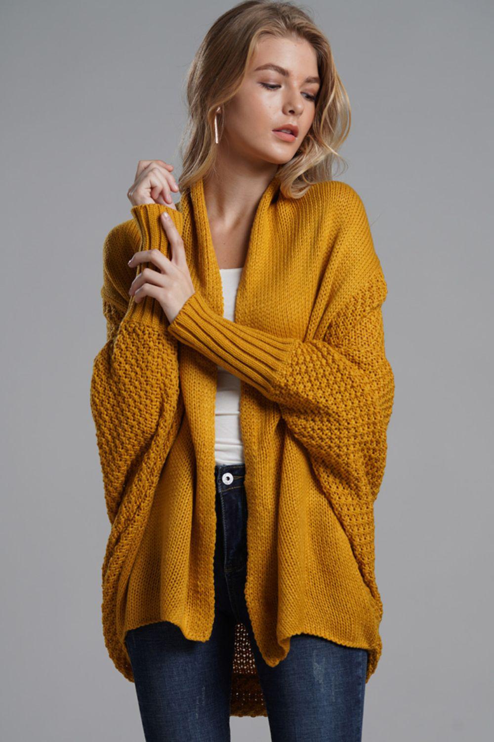Dolman Sleeve Open Front Ribbed Trim Longline Cardigan-TOPS / DRESSES-[Adult]-[Female]-Mustard-One Size-2022 Online Blue Zone Planet