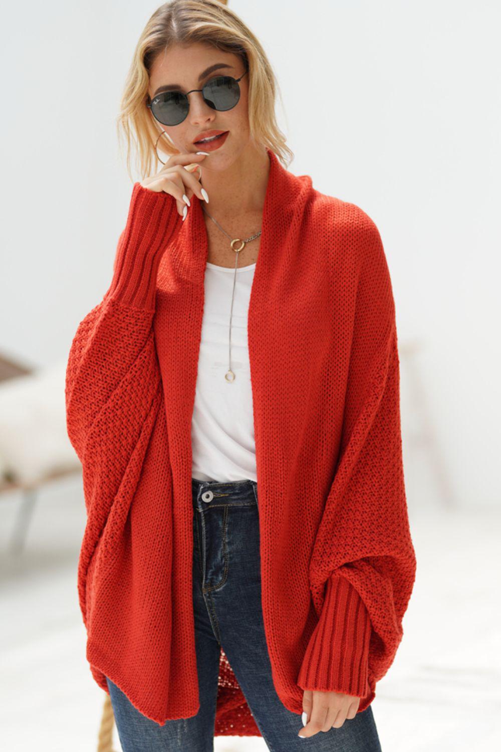 Dolman Sleeve Open Front Ribbed Trim Longline Cardigan-TOPS / DRESSES-[Adult]-[Female]-Red-One Size-2022 Online Blue Zone Planet
