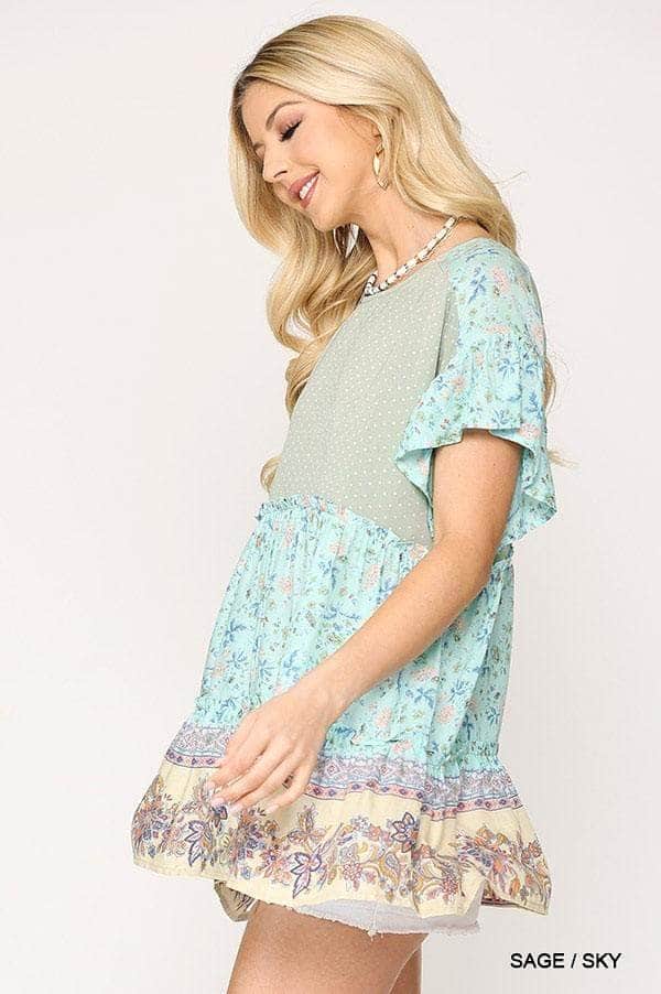Dot And Floral Print Mixed Ruffle Top With Back Keyhole Blue Zone Planet