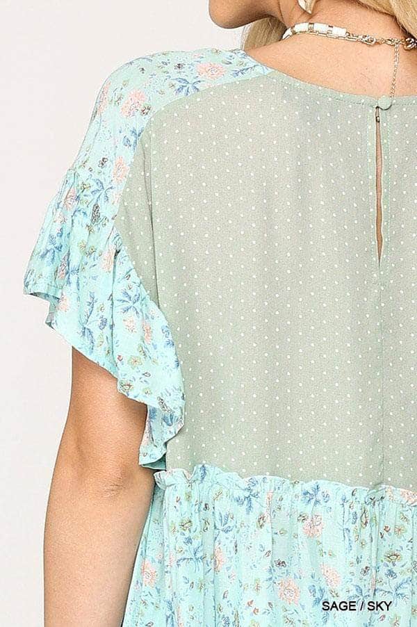 Dot And Floral Print Mixed Ruffle Top With Back Keyhole Blue Zone Planet