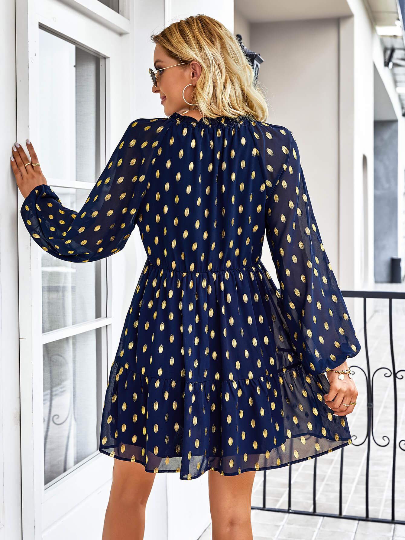 Dotted Tie-Neck Frill Trim Tiered Mini Dress BLUE ZONE PLANET