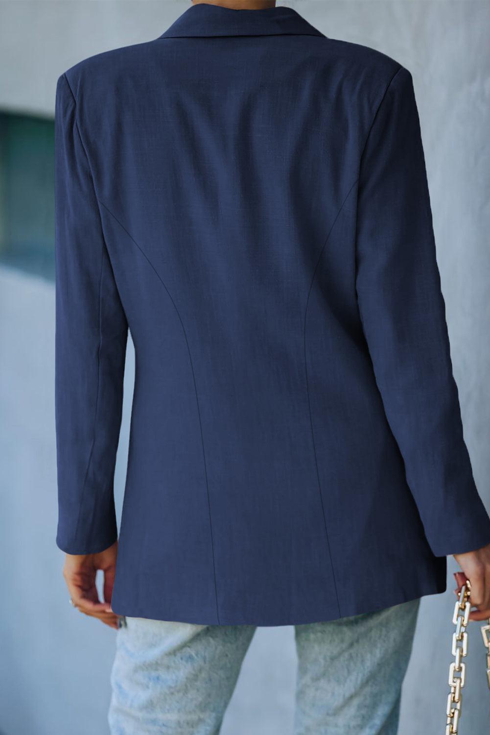 Double-Breasted Padded Shoulder Blazer with Pockets BLUE ZONE PLANET