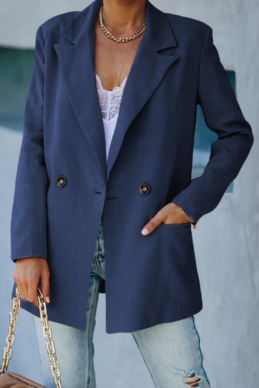 Double-Breasted Padded Shoulder Blazer with Pockets BLUE ZONE PLANET